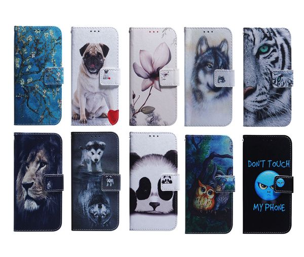 Custodie a portafoglio in pelle con stampa animalier per Samsung S23 Ultra Plus A14 5G M13 4G M33 M53 M23 F23 A23 Fiore Leone Panda Cane Lupo Tigre Slot per carta d'identità Flip Cover Holder Stand Pouch