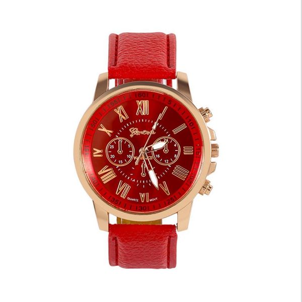 Dreier subidielle rote Uhr Retro Genfer Student Uhr Womens Quarz Trend Armbanduhr mit Leder Band272b