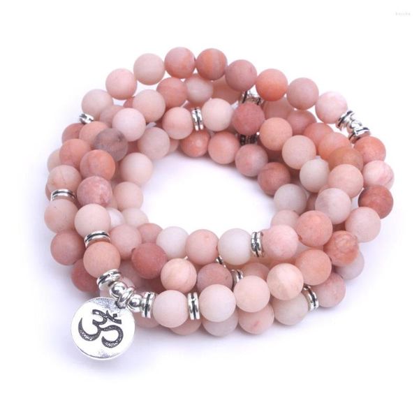 Strang 108 Rosa Naturstein Mattiertes Mala-Armband Elastizität OM Lotus Buddha Charm für Frauen Yoga Halskette Tropfen