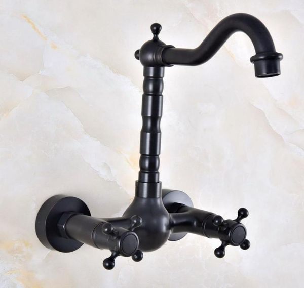 Rubinetti per lavabo da bagno Ottone nero lucidato a olio Doppia maniglia Doppio foro Montaggio a parete Rubinetto per lavabo Cucina Miscelatore per acqua fredda e fredda Dnf848