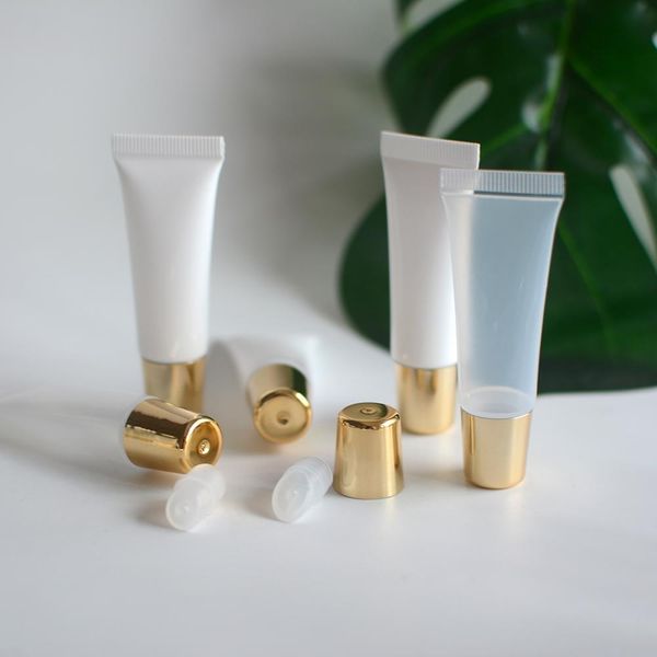 Toptan PE Kozmetik 10ml 15ml Dudak Parlatıcı Tüp Sıkıştırma Mini Şişeler Plastik Tüpler Altın Kapak İletişim Yağı Balsamı Dökme
