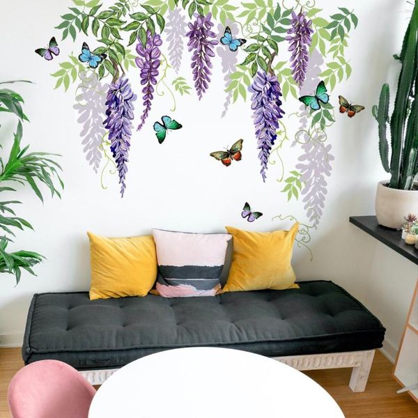 Tapeten 2 stücke Lila Rebe Blume Schmetterling Cartoon Wandaufkleber Wohnzimmer Schlafzimmer Kreative Dekorative Wandbild Ästhetische Kunst