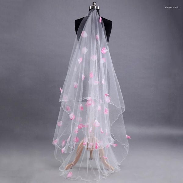 Veli da sposa Abito da velo da sposa romantico Petali rosa Strati di decorazione Bordo in nastro di tulle 2022