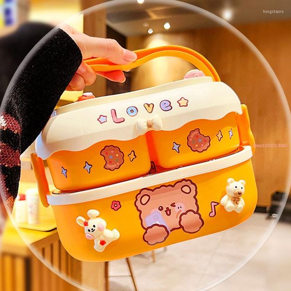 Set di stoviglie Simpatico orso Lunch Box per bambini Ragazza Kawaii Portatile in plastica Grande Bento Adulti Lavoro Microwavable Scolari