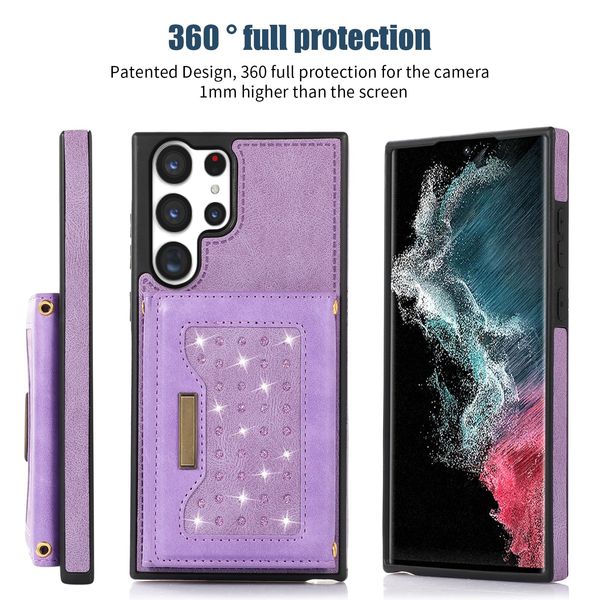 Stoßfeste Handyhüllen für Samsung Galaxy S23 S22 S21 S20 Note20 Ultra Plus, einfarbig, glitzernde PU-Leder-Kickstand-Hülle mit Kartenfächern