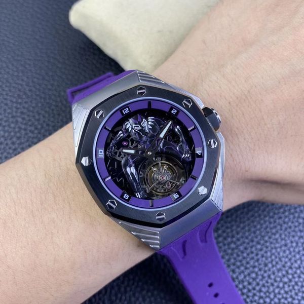 Настоящие роскошные часы с ограниченным тиражом, мужские спортивные часы с турбийоном, крутой фиолетовый каучуковый ремешок, сапфировое стекло, полый циферблат, размер 44 мм, CDQL 4ROR