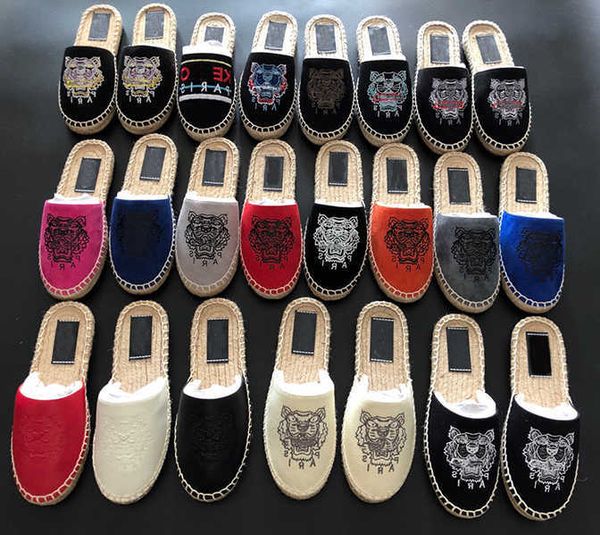2022 Mens tigre de couro alpargelas femininas Designer Slipper Straw Slides Shoes Summer Outdoor Casual Casual Flip Black Flip Top Quality With Box 292