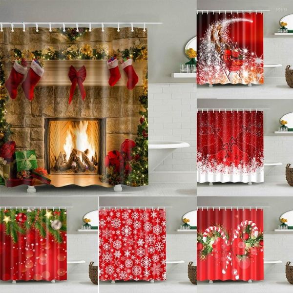 Cortinas de chuveiro decoração de casa árvore de natal boneco de neve santa cortina de floco de neve banheiro impermeável