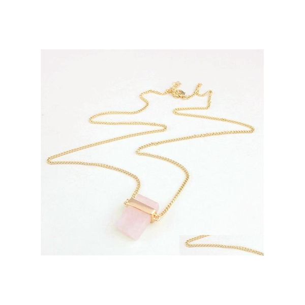 Anhänger Halsketten Exquisite handgemachte Rec Rosa Kristall Stein Polieren Metall Druzy Natürliche Rosenquarz Pyramide Anhänger Halskette Drop Dhrjc