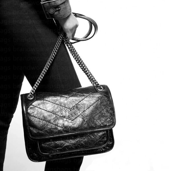 Büyük 28 cm ve orta 25 cm omuz çantaları unisex messenger çanta kırışmış vintage deri zincir çapraz gövde siyah beyaz manyetik snap 257y