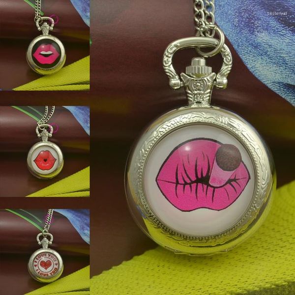 Pocket Watches Wholesale Fashion Red Lip Watch Colar Woman FOB Sexy Love Silver Round Lens Covex Lente Glass Picture Girl fofo