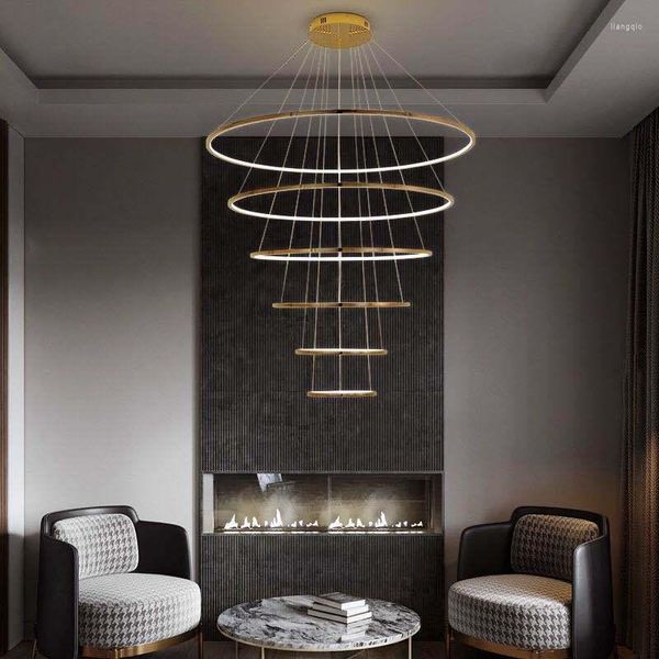 Lâmpadas pendentes Pós -modernas anel ladrez de lustre de escada duplex El Golden Aço inoxidável minimalista nórdico LIGUNDA DE ART