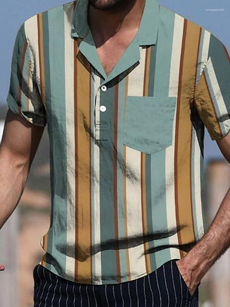 Camisas casuais masculinas Men listrado padrão vintage de manga curta Cardigan Cardigan Top Summer Man Moda de moda de colarinho virado para baixo