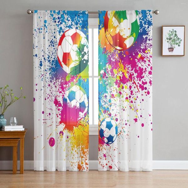 Cortina colorida pintura artística de fútbol, cortinas de tul para sala de estar, decoración de dormitorio, gasa transparente para ventana de cocina