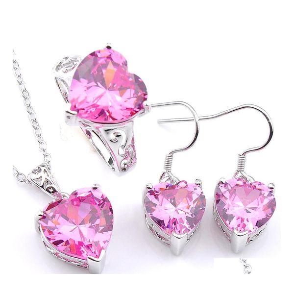 Set di gioielli da sposa Luckyshine 3 pezzi / set Set a forma di cuore rosa Kunzite gemme di zirconi cubici Sier ciondolo anello orecchino per le donne Lady D Dhkur