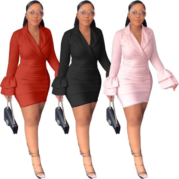 Vestidos de trabalho Mulheres colarinho de travamento longa manga sexy Button Down Down Mini Mini Office Carreira Camisa Vestidos Rosa Vermelho