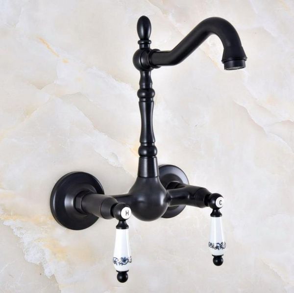 Rubinetti per lavabo da bagno Finitura nera Ottone Doppia maniglia Doppio foro Montaggio a parete Rubinetto per lavabo Miscelatore per acqua fredda e acqua Dnf865