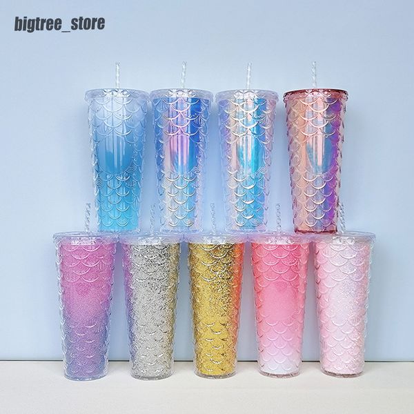 9 Renk Stoklanmış 24 oz çivili Soğuk Tumblers ile Çift Duvarlı Çift Duvarlı Yeniden Kullanılabilir Plastik Kupalar 710ml Brendi Elmas Su Şişeleri Durian Kahve Kupa Özel Logo