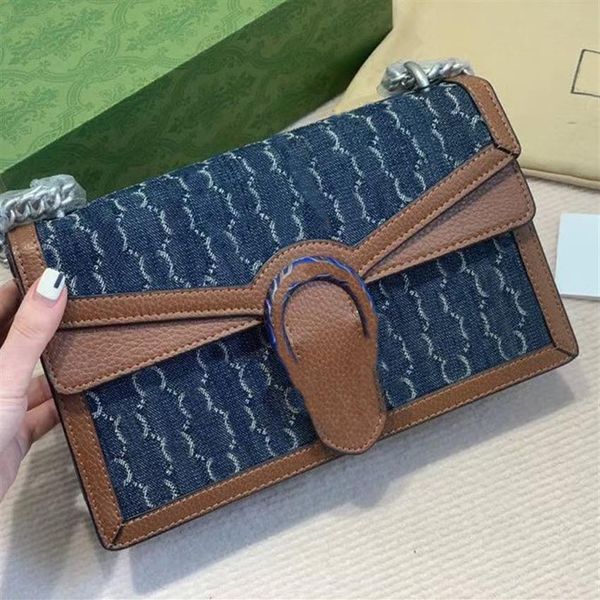 Denim bacchus zincir omuz çantaları kadınlar çanta moda crossbody retro elmas kontrol desen kaplan kafa tokası flep stil tasarımı el301q