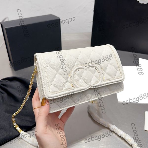 23C Klassische Damen-Geldbörse mit Goldkette Taschen Kaviarleder Kalbsleder Kartenhalter Geldbörse GHW Umhängetasche Schulter Outdoor Saoche Multi Pochette Poch 19X12CM