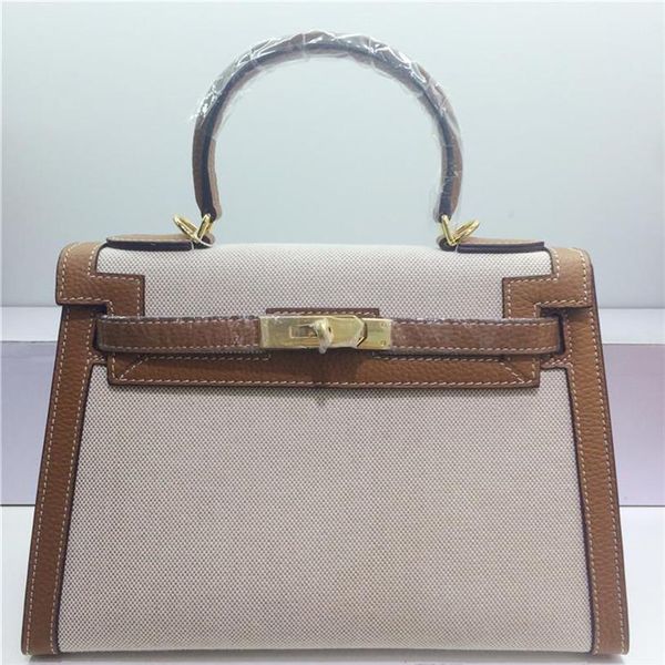 Borse a tracolla classiche da donna di design da 28 cm in vera pelle di vitello Borse a tracolla bicolore in tela di vera pelle con tracolla con chiusura Borsa alla moda da donna 2031