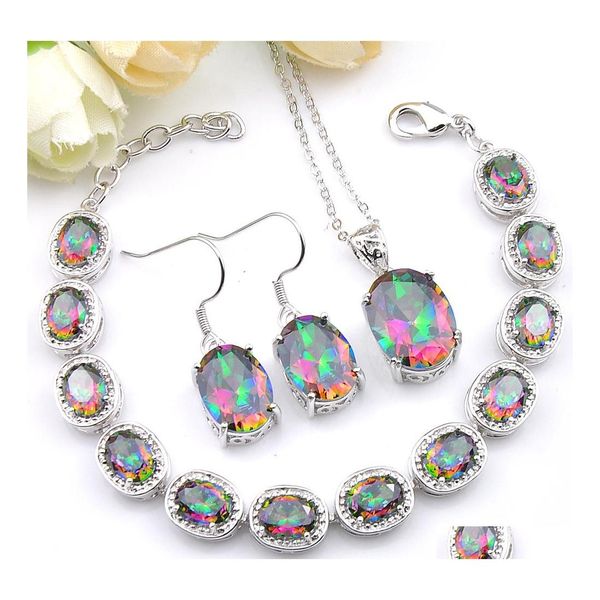 Andere Schmucksets 3 Stück Hochzeitsgeschenk Oval Colorf Mystic Topaz Prasiolith 925 Sterling Silber Halskette Zirkon Armbänder Ohrringe Penda Dhz0P