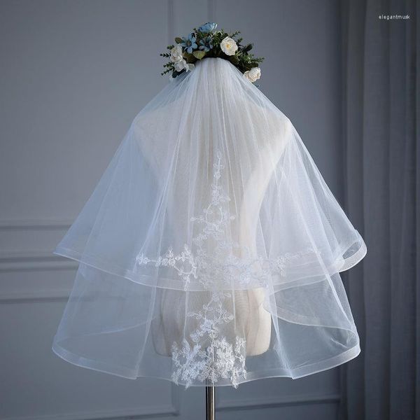 VEILS BRIDALS MULHERES VEIL DE CASAMENTO CURTO COM PENTE BRANCO DO IVORY DOIS CAMADAS APLICES LIDE