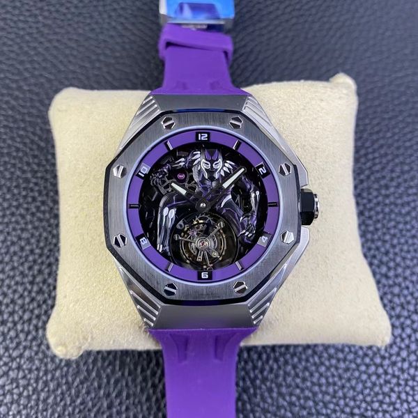 Real Luxury Sale Watch Limited Tourbillon Men's Sports Watch Cool Purple Rubber Strap Sapphire Glass Hollowed Out Dial 44 мм размер CDQL