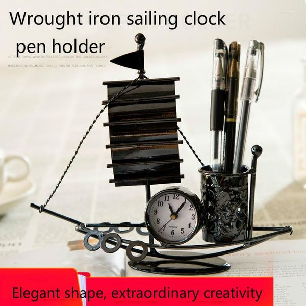 Relógios de mesa criativos artesanato moderno artesanato veleiro relógio capa de lápis Desktop desktop decoração simples ornamentos acessórios domésticos