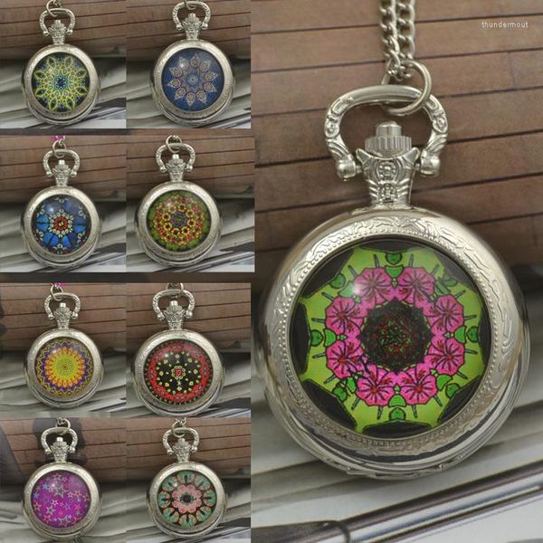 Pocket Watches Wholesale Fashion Quartz colorido clássico relógio de flores de colar mulher preta prata redonda condescura