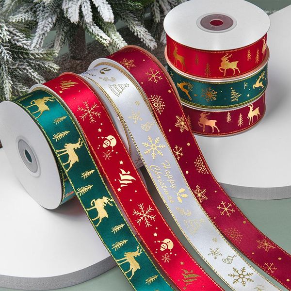 Partydekoration Großhandel 25 Yard 25 mm Weihnachtsband mit Golddrahtkante bedruckt für Baumbasteln Design Schleife Geschenkverpackung Verpackung