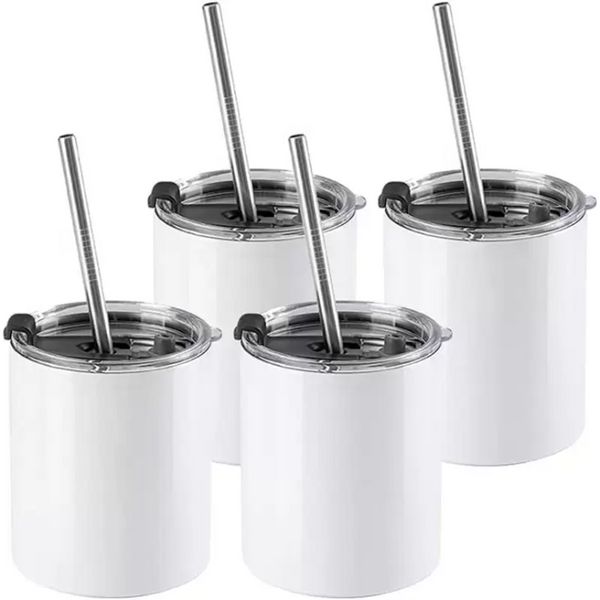 Stock Bicchiere vuoto a sublimazione Bianco Bicchiere in acciaio inossidabile da 10 OZ con cannuccia e coperchio Tazze da caffè a sublimazione Tazze per Cricut Mug Press FY5073 ss1221