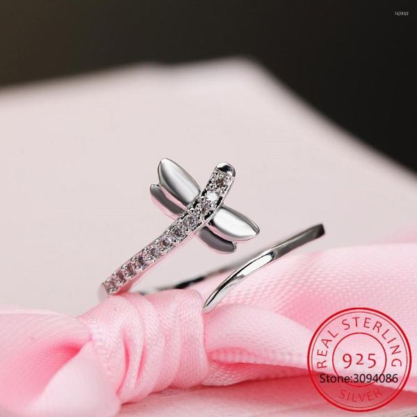 Rings de cluster Real 925 Sterling Silver Fashion Inseto Dragonfly CZ Abertura para Mulheres Party Wedding Jewelry Gift Df071