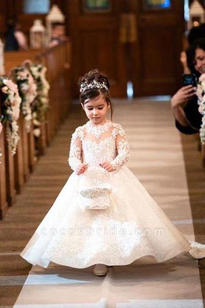 Schöne Kinder-Blumenmädchenkleider für Hochzeit, lange Ärmel, Ballkleid, lange Schleppe, Brautjungfernkleid für Mädchen, Hochzeit, Party MC2221