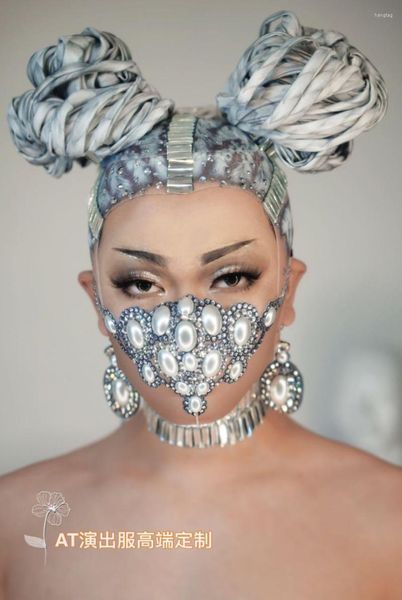 Sahne Giyim Rhinestones Party Maske Takı İncileri Performans Maskeleri Gece Kulübü Göster