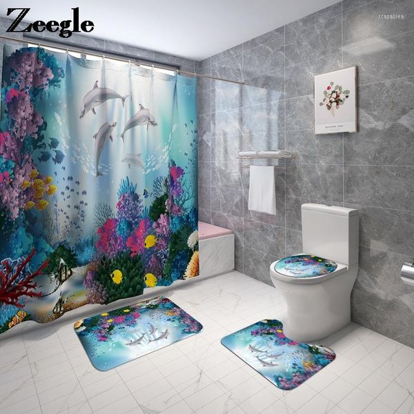 Tappetini da bagno Stampa Sea World Tappeto da bagno e set di tende da doccia impermeabili in poliestere Tappetino antiscivolo Coprivaso assorbente