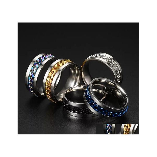 Полосы кольца 8 мм прядильщик панк -кольцо из нержавеющей стали. Тревога для мужчин Черный/Синий/Сиер/Золото.
