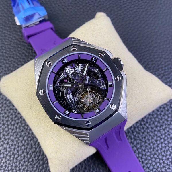 Vendita limitata Real Tourbillon orologio sportivo da uomo cinturino in caucciù viola fresco vetro zaffiro quadrante scavato misura 44 mm