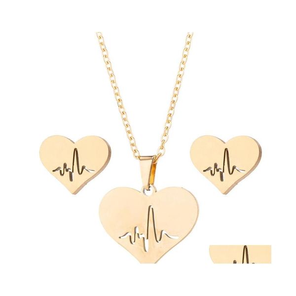 Orecchini Collana Moda Acciaio inossidabile Cuore d'amore Donna Oro Battito cardiaco Set di gioielli per ragazze Matrimonio Goccia Consegna Dhvio