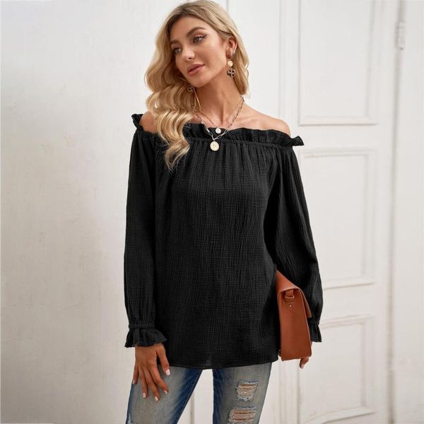 Camicette da donna primavera e autunno pullover da donna con collo a una parola tinta unita sexy camicia a maniche lunghe in chiffon con spalle scoperte