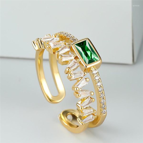 Anneaux de mariage Blanc Zircon Double Couche Ouverture Anneau Vert Cristal Rectangle Pierre Vintage Or Couleur Pour Femmes Hommes Bijoux