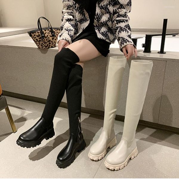 Stivali alti al ginocchio donna autunno inverno scarpe tacco spesso calzino elasticizzato sottile piattaforma da donna lunga femminile Botas De Mujer