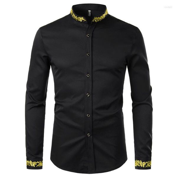 Camicie casual da uomo Camicia con ricamo oro nero Uomo Primavera Abito da uomo Colletto alla coreana Bottoni Chemise Homme Camisa Masculina