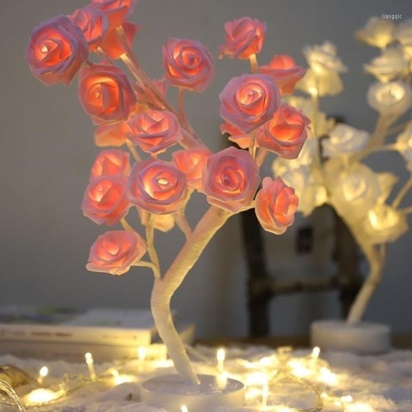 Tischlampen 1 Satz Rosenbaumlampe 24 LEDs neben Nachtlicht USB Batteriebetriebenes Geschenk für Mädchen Frauen Wohnkultur Hochzeit Weihnachten Schlafzimmer Party