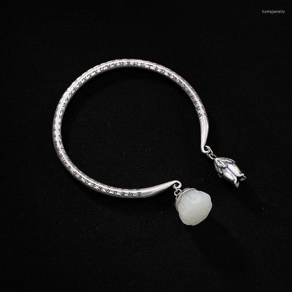 Braccialetti a maglie Placcato in oro imitazione giada Hetian Ciondolo a forma di loto Bracciale Sutra a cuore retrò con apertura Regalo da donna di fascia alta