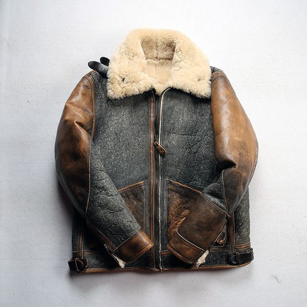 Estilo americano D3 couro genuíno de pele de carneiro Jaquetas Bomber RRL terno de vôo retrô ternos de pele dupla face bolsos vintage Lapela pescoço grosso zíper ykk