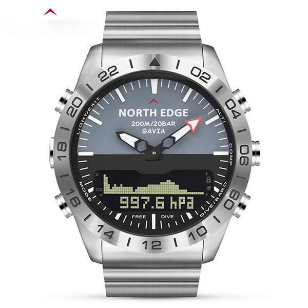 Мужчины Dive Sports Digital Watch Mens смотрит на роскошную армию, полный стальной бизнес Водонепроницаемый 200 -метровый Altimeter Compass North Edge292O