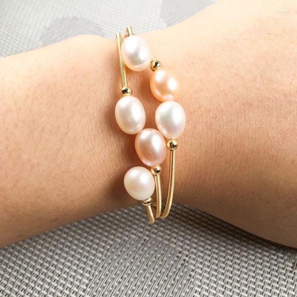 Bangle Freshwater White White Pearl Bracelet Jóias de liga de zinco fornecem o presente de aniversário para mulheres tamanho 7-8mm