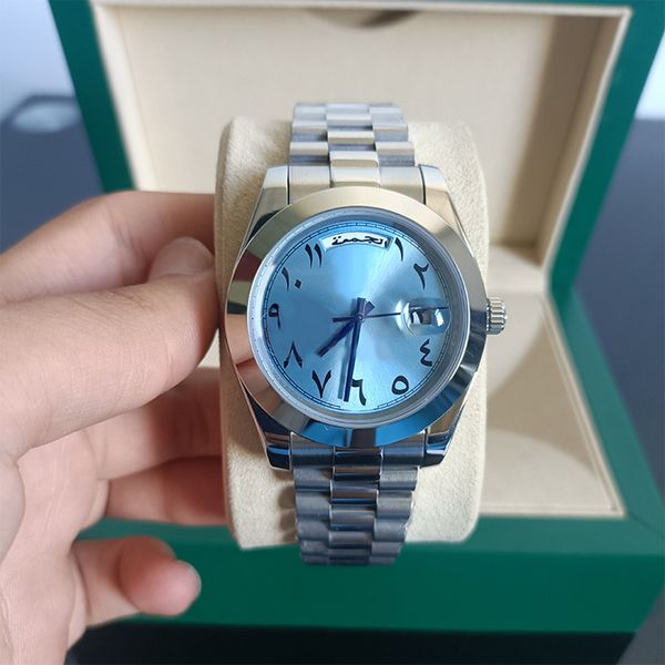Недельные мужские часы арабская синяя керамика циферблат 40 мм автоматический из нержавеющей стали 904L с автоматическим календарем сапфировое зеркало классические светящиеся водонепроницаемые с коробкой подарочные наручные часы