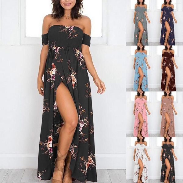 Abiti da festa Estivi Boho con spalle scoperte Lunghi per le donne Elegante abito maxi stampato floreale Abiti da spiaggia vintage Taglie forti